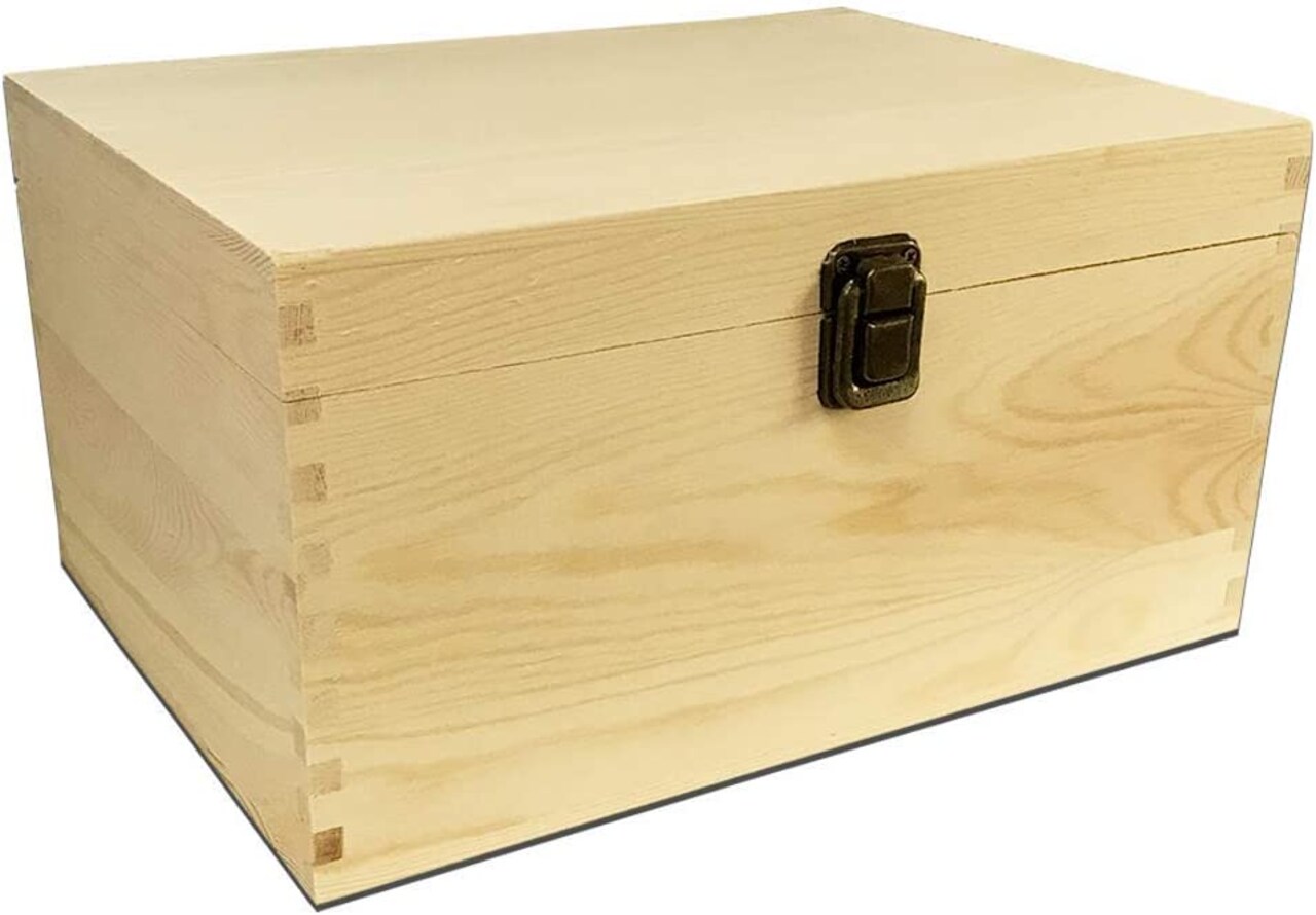 Large Unfinished Wood Box with Hinged Lid and Front Clasp for Arts, Crafts, Hobbies and Home Storage, 10.62" x 7.87" x 5.51"